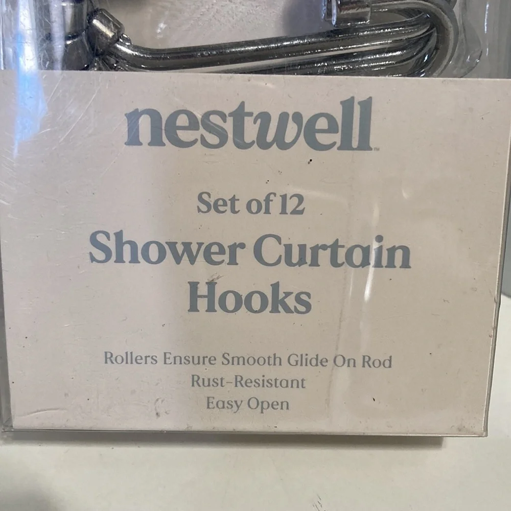 NESTWELL Silver Shower Curtain Hooks with Rollers Full Closure Set of 12